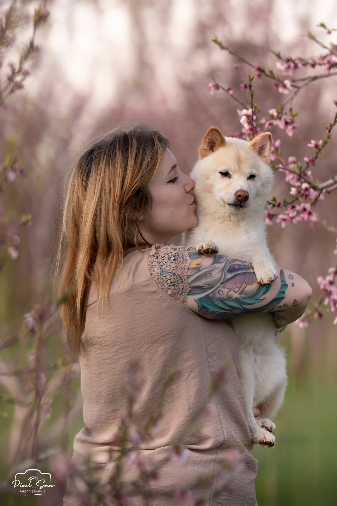 moment de tendresse entre un chien et sa maitresse dans un champs de pêchers par PixelSan - photographe animalier